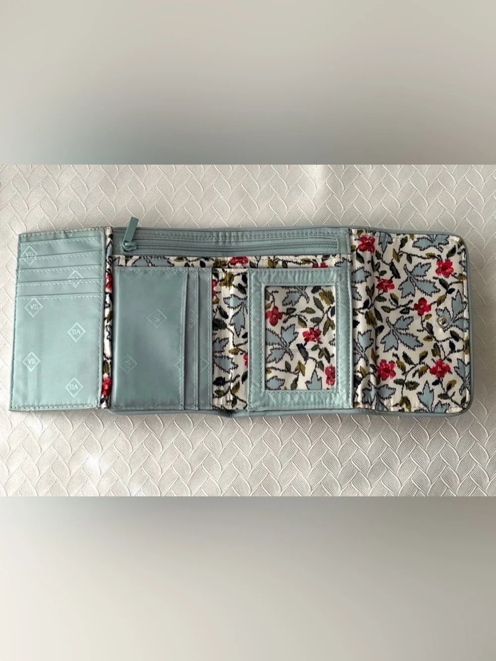 Vera Bradley Quilted Floral Wallet in Light Blue with Pink & Green Accents